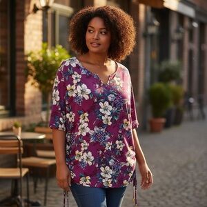 Chico's Vibrant Magenta Tropical Purple Floral Blouse Plus Size 3 (XL/16-18)